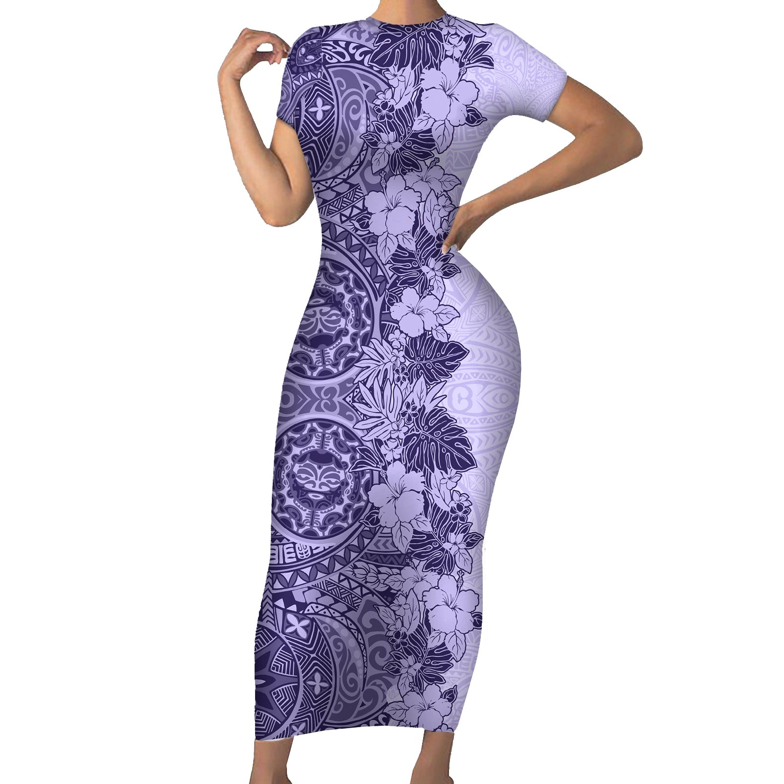 Polynesia Short Sleeve Bodycon Dress Hibiscus and Hawaiian Tribal Tattoo Retro Style Violet Color LT9 Long Dress Violet - Polynesian Pride