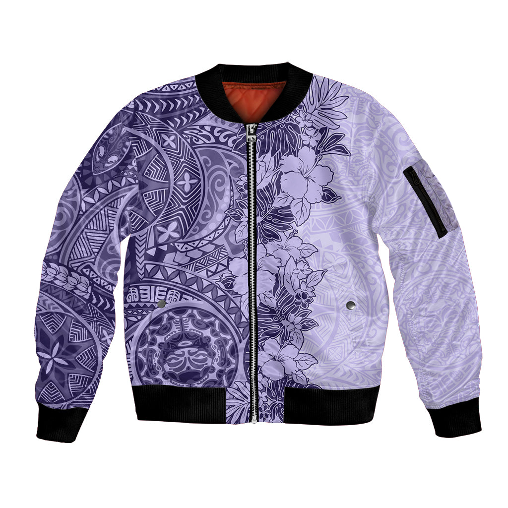 Polynesia Sleeve Zip Bomber Jacket Hibiscus and Hawaiian Tribal Tattoo Retro Style Violet Color LT9 Unisex Violet - Polynesian Pride