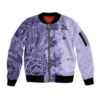 Polynesia Sleeve Zip Bomber Jacket Hibiscus and Hawaiian Tribal Tattoo Retro Style Violet Color LT9 Unisex Violet - Polynesian Pride