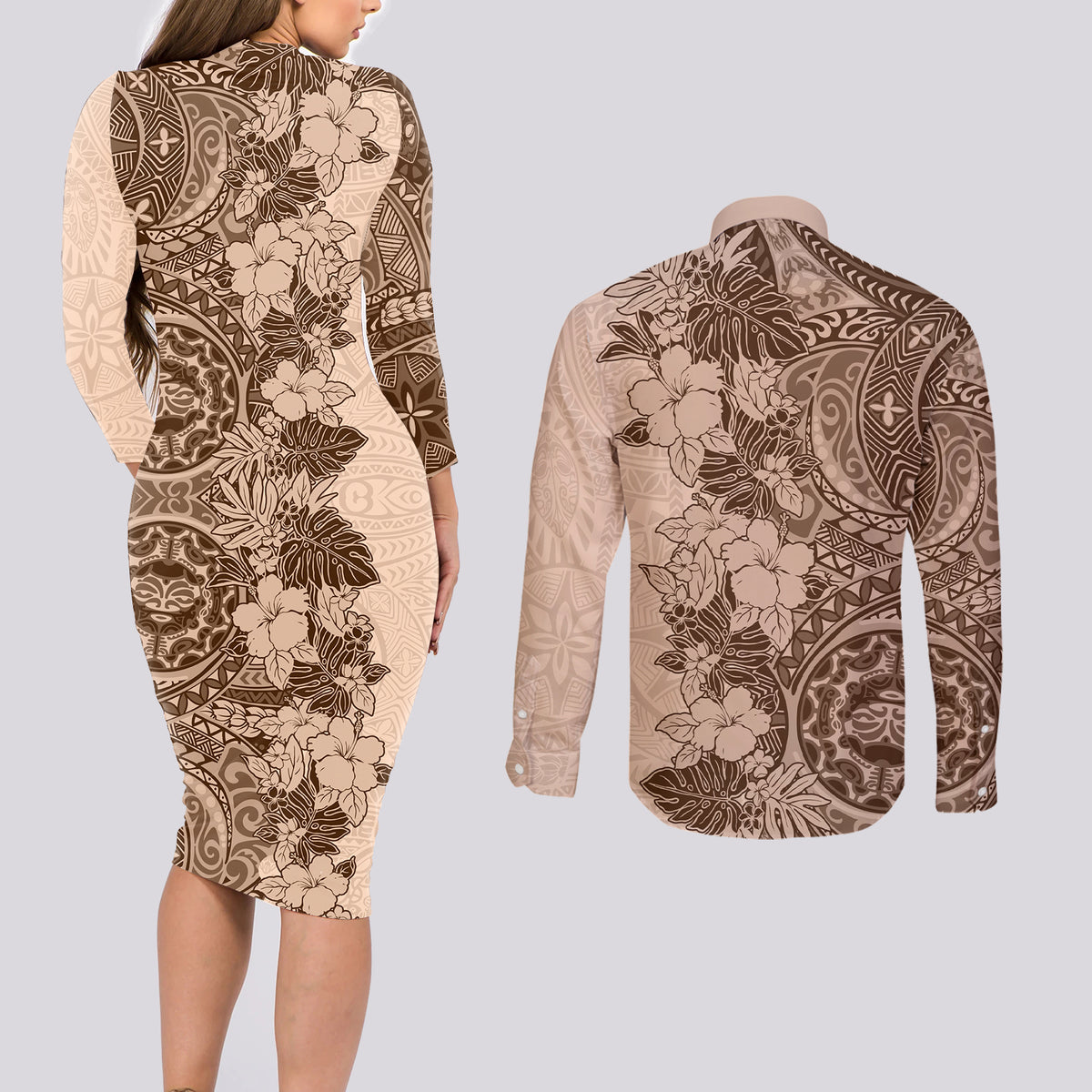 Polynesia Couples Matching Long Sleeve Bodycon Dress and Long Sleeve Button Shirt Hibiscus and Hawaiian Tribal Tattoo Retro Style Pink Pastel LT9 - Polynesian Pride
