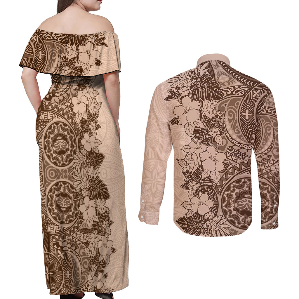 Polynesia Couples Matching Off Shoulder Maxi Dress and Long Sleeve Button Shirt Hibiscus and Hawaiian Tribal Tattoo Retro Style Pink Pastel LT9 - Polynesian Pride