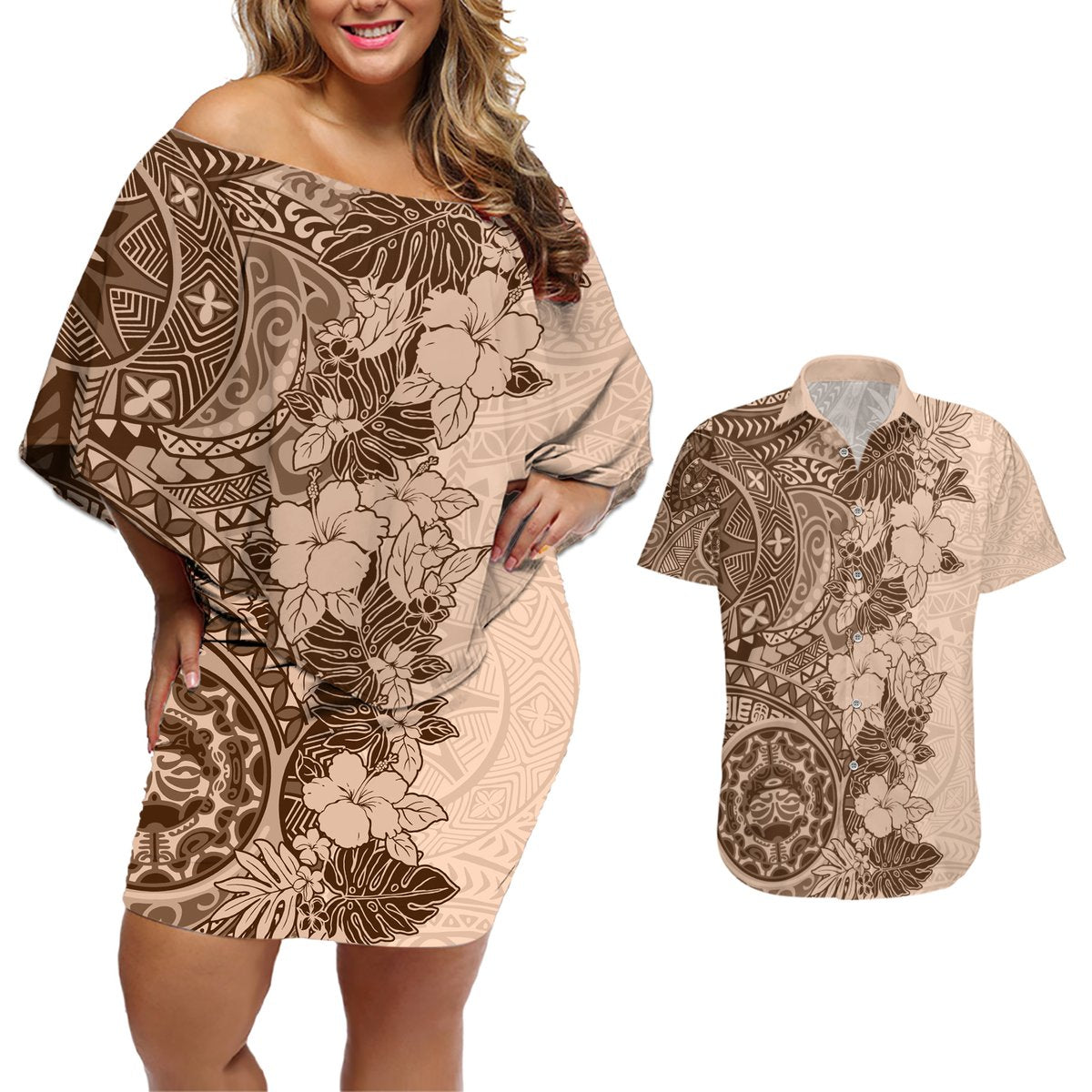 Polynesia Couples Matching Off Shoulder Short Dress and Hawaiian Shirt Hibiscus and Hawaiian Tribal Tattoo Retro Style Pink Pastel LT9 Pink Pastel - Polynesian Pride