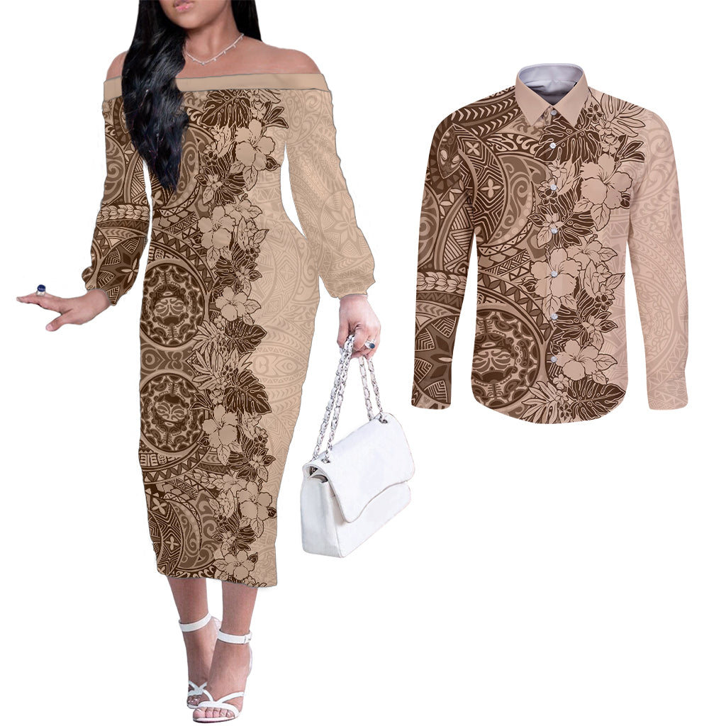 Polynesia Couples Matching Off The Shoulder Long Sleeve Dress and Long Sleeve Button Shirt Hibiscus and Hawaiian Tribal Tattoo Retro Style Pink Pastel LT9 Pink Pastel - Polynesian Pride