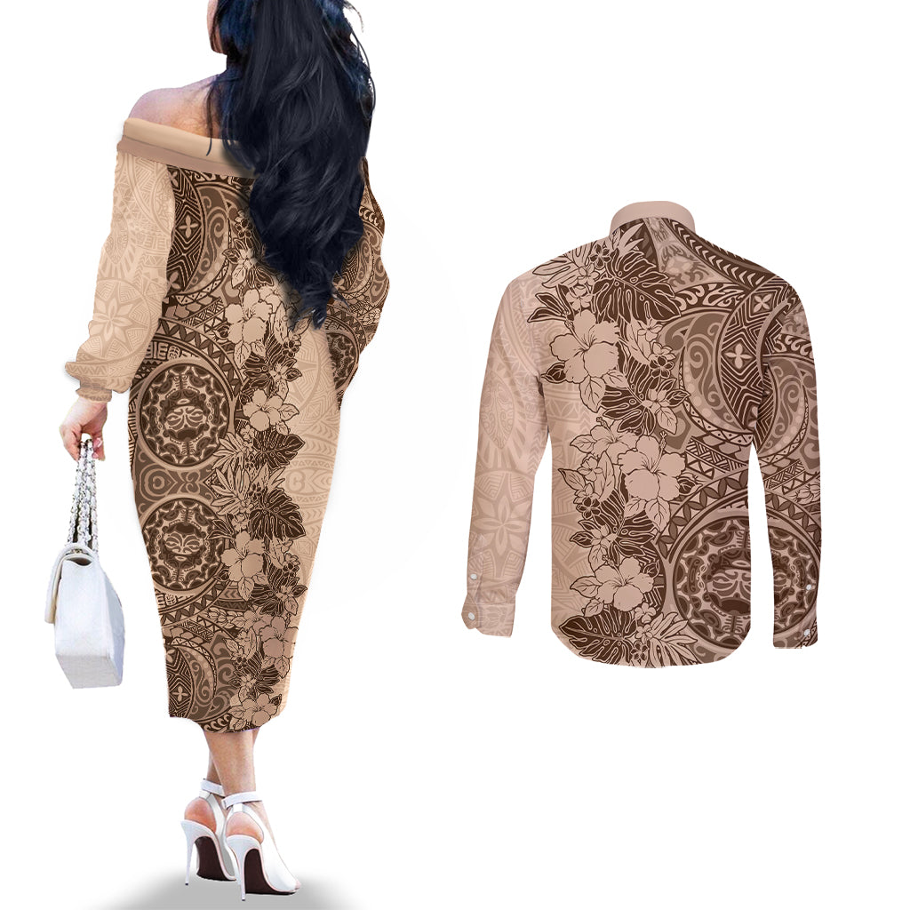 Polynesia Couples Matching Off The Shoulder Long Sleeve Dress and Long Sleeve Button Shirt Hibiscus and Hawaiian Tribal Tattoo Retro Style Pink Pastel LT9 - Polynesian Pride