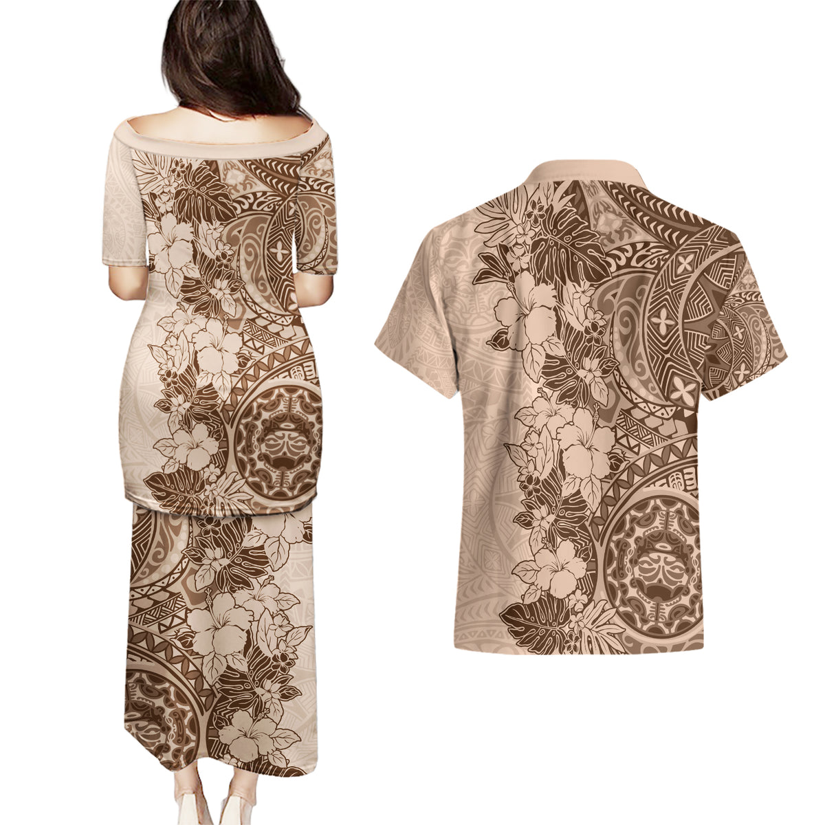Polynesia Couples Matching Puletasi Dress and Hawaiian Shirt Hibiscus and Hawaiian Tribal Tattoo Retro Style Pink Pastel LT9 - Polynesian Pride
