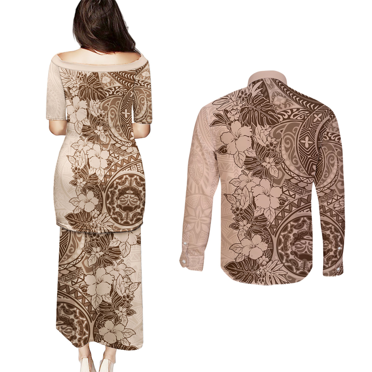 Polynesia Couples Matching Puletasi Dress and Long Sleeve Button Shirt Hibiscus and Hawaiian Tribal Tattoo Retro Style Pink Pastel LT9 - Polynesian Pride