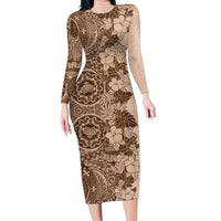 Polynesia Family Matching Long Sleeve Bodycon Dress and Hawaiian Shirt Hibiscus and Hawaiian Tribal Tattoo Retro Style Pink Pastel LT9 Mom's Dress Pink Pastel - Polynesian Pride