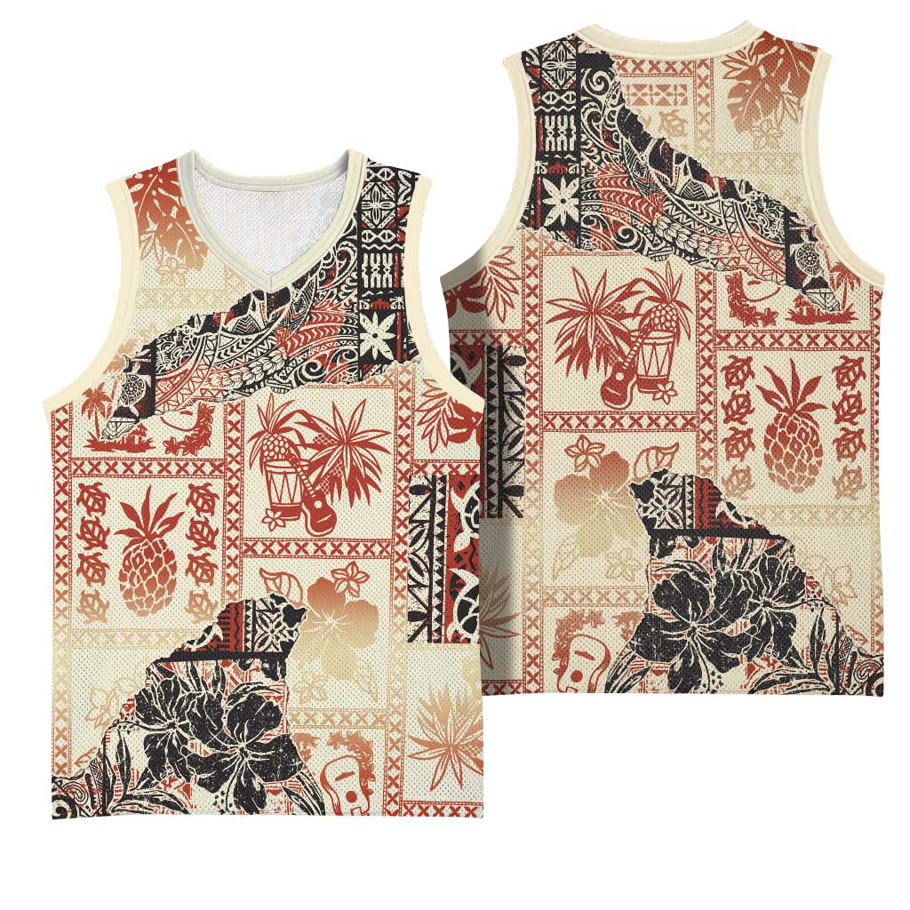 Hawaii Beige Version Basketball Jersey Aloha Tribal Pattern - Polynesian Pride