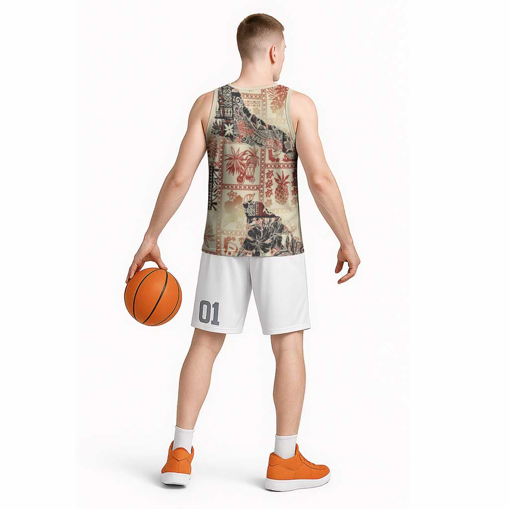 Hawaii Beige Version Basketball Jersey Aloha Tribal Pattern - Polynesian Pride