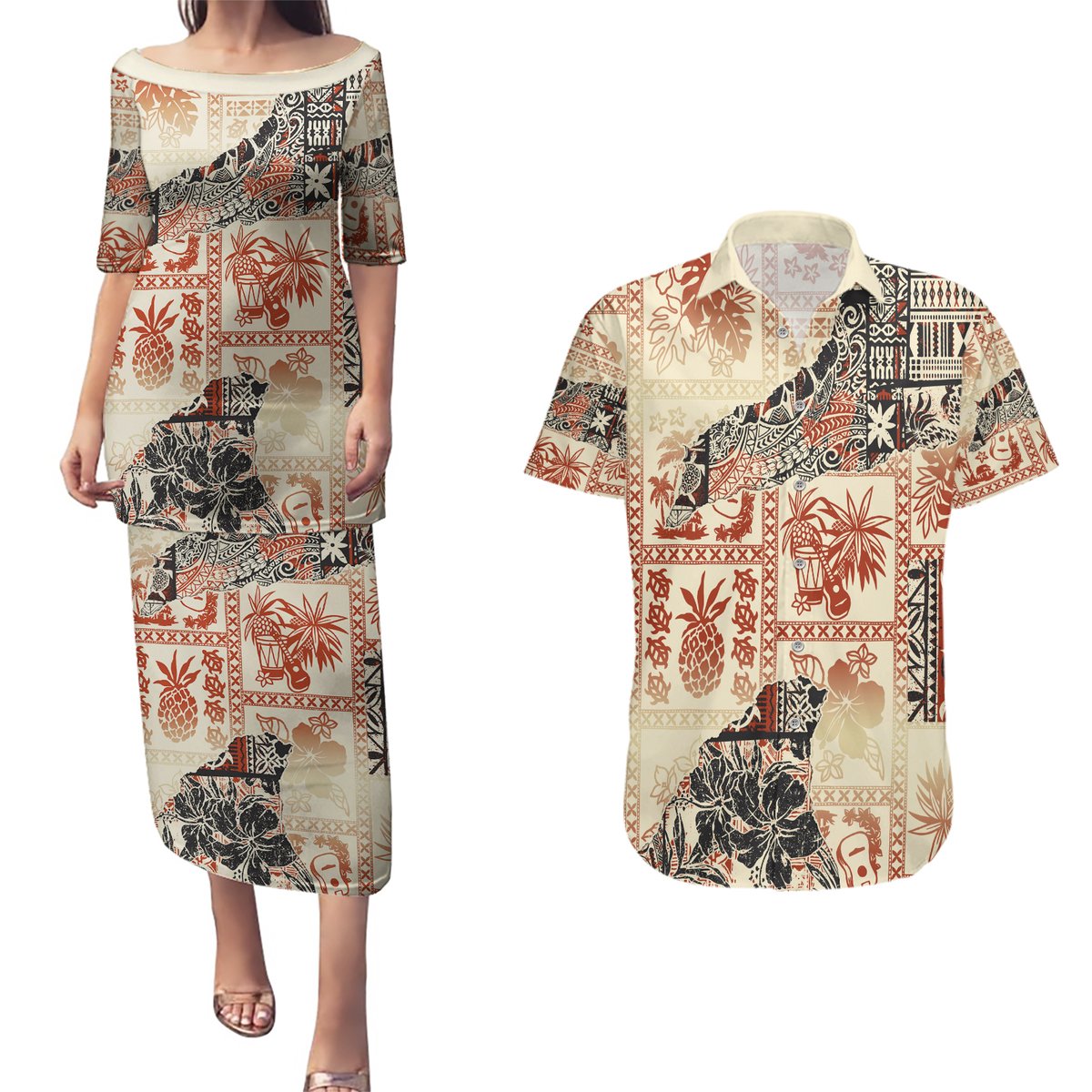 Hawaii Couples Matching Puletasi Dress and Hawaiian Shirt Aloha Tribal Pattern Beige Version LT9 Beige - Polynesian Pride