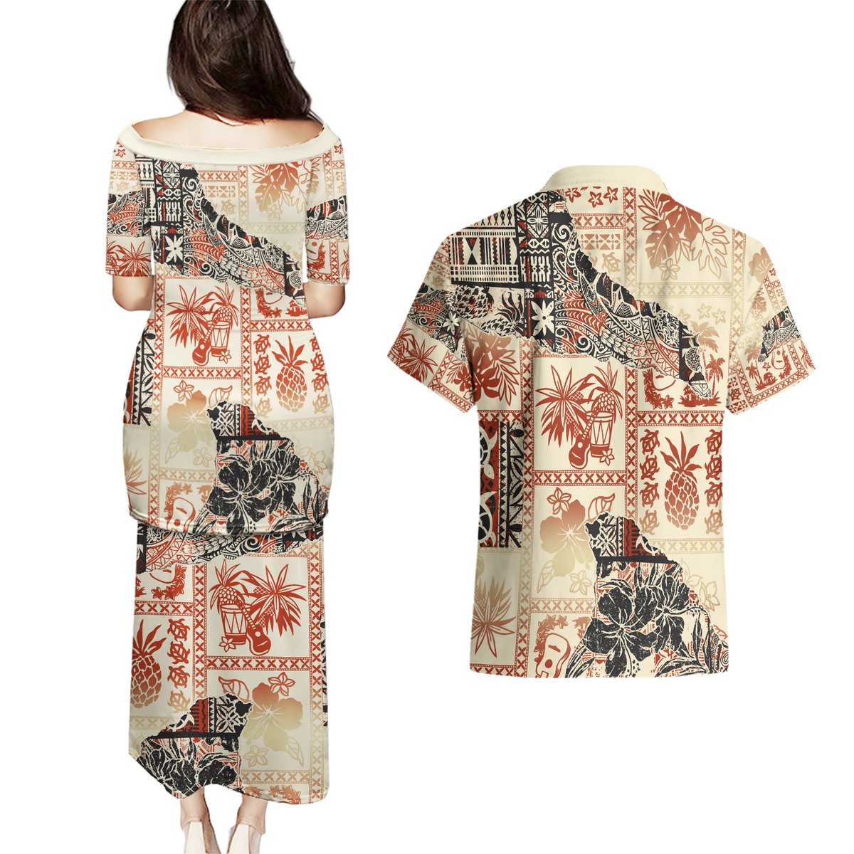 Hawaii Couples Matching Puletasi Dress and Hawaiian Shirt Aloha Tribal Pattern Beige Version LT9 - Polynesian Pride