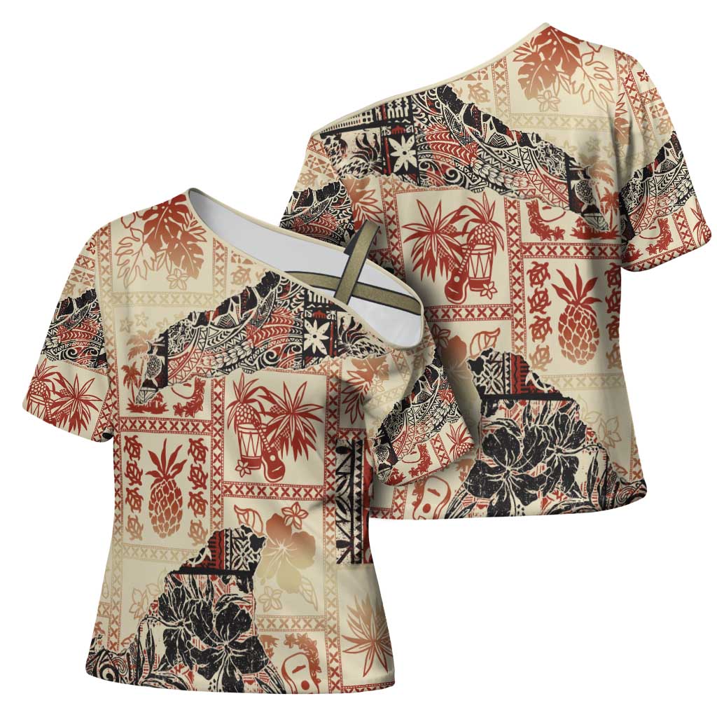 Hawaii Beige Version Cross Shoulder Shirt Aloha Tribal Pattern - Polynesian Pride