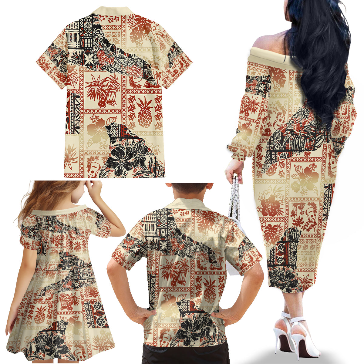 Hawaii Family Matching Off Shoulder Long Sleeve Dress and Hawaiian Shirt Aloha Tribal Pattern Beige Version LT9 - Polynesian Pride