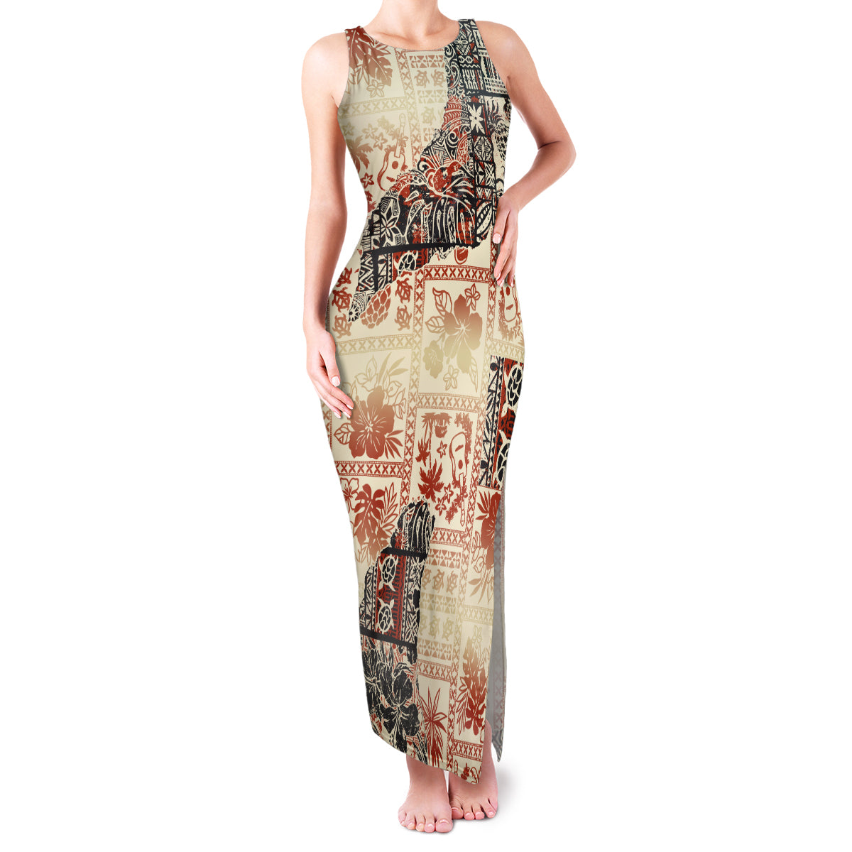 Hawaii Family Matching Tank Maxi Dress and Hawaiian Shirt Aloha Tribal Pattern Beige Version LT9 Mom's Dress Beige - Polynesian Pride