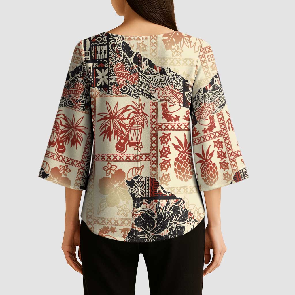 Hawaii Beige Version Kimono Sleeve Blouse Aloha Tribal Pattern - Polynesian Pride