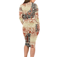 Hawaii Long Sleeve Bodycon Dress Aloha Tribal Pattern Beige Version LT9 - Polynesian Pride