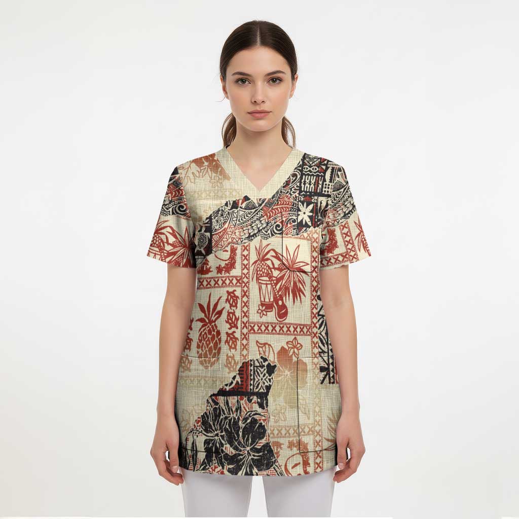 Hawaii Beige Version Scrub Top Aloha Tribal Pattern - Polynesian Pride