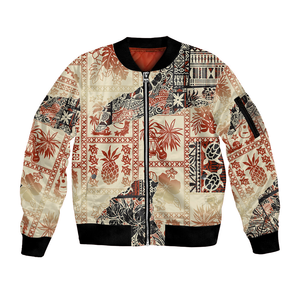 Hawaii Sleeve Zip Bomber Jacket Aloha Tribal Pattern Beige Version LT9 Unisex Beige - Polynesian Pride