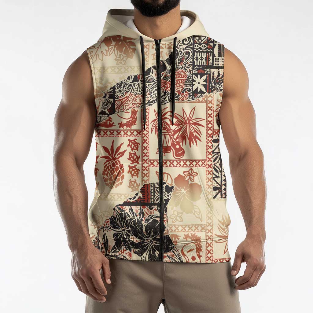 Hawaii Beige Version Sleeveless Zip Hoodie Aloha Tribal Pattern LT9 - Polynesian Pride