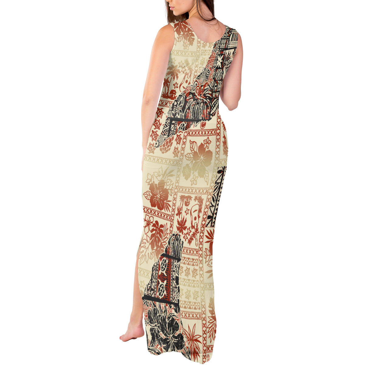 Hawaii Tank Maxi Dress Aloha Tribal Pattern Beige Version LT9 - Polynesian Pride