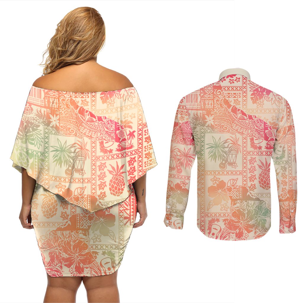 Hawaii Couples Matching Off Shoulder Short Dress and Long Sleeve Button Shirt Aloha Tribal Pattern Sweat Pink Ombre LT9 - Polynesian Pride
