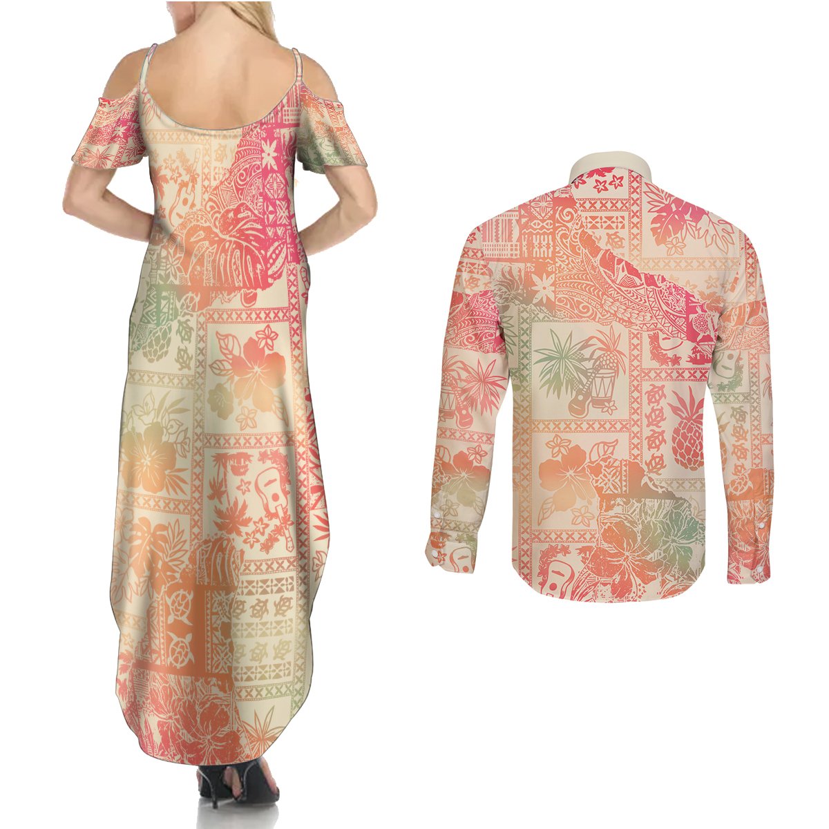 Hawaii Couples Matching Summer Maxi Dress and Long Sleeve Button Shirt Aloha Tribal Pattern Sweat Pink Ombre LT9 - Polynesian Pride