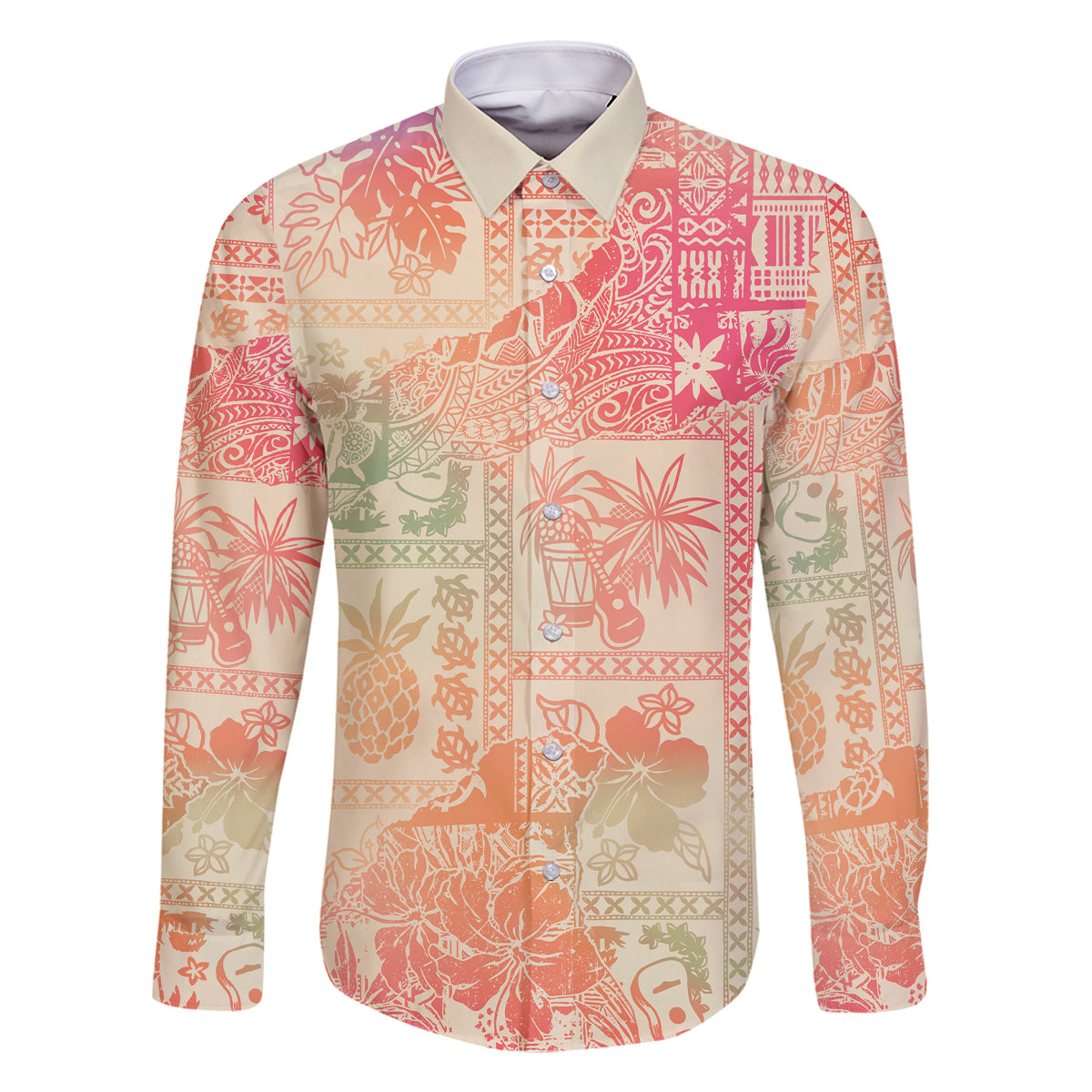 Hawaii Family Matching Long Sleeve Bodycon Dress and Hawaiian Shirt Aloha Tribal Pattern Sweat Pink Ombre LT9 Dad's Shirt - Long Sleeve Pink - Polynesian Pride