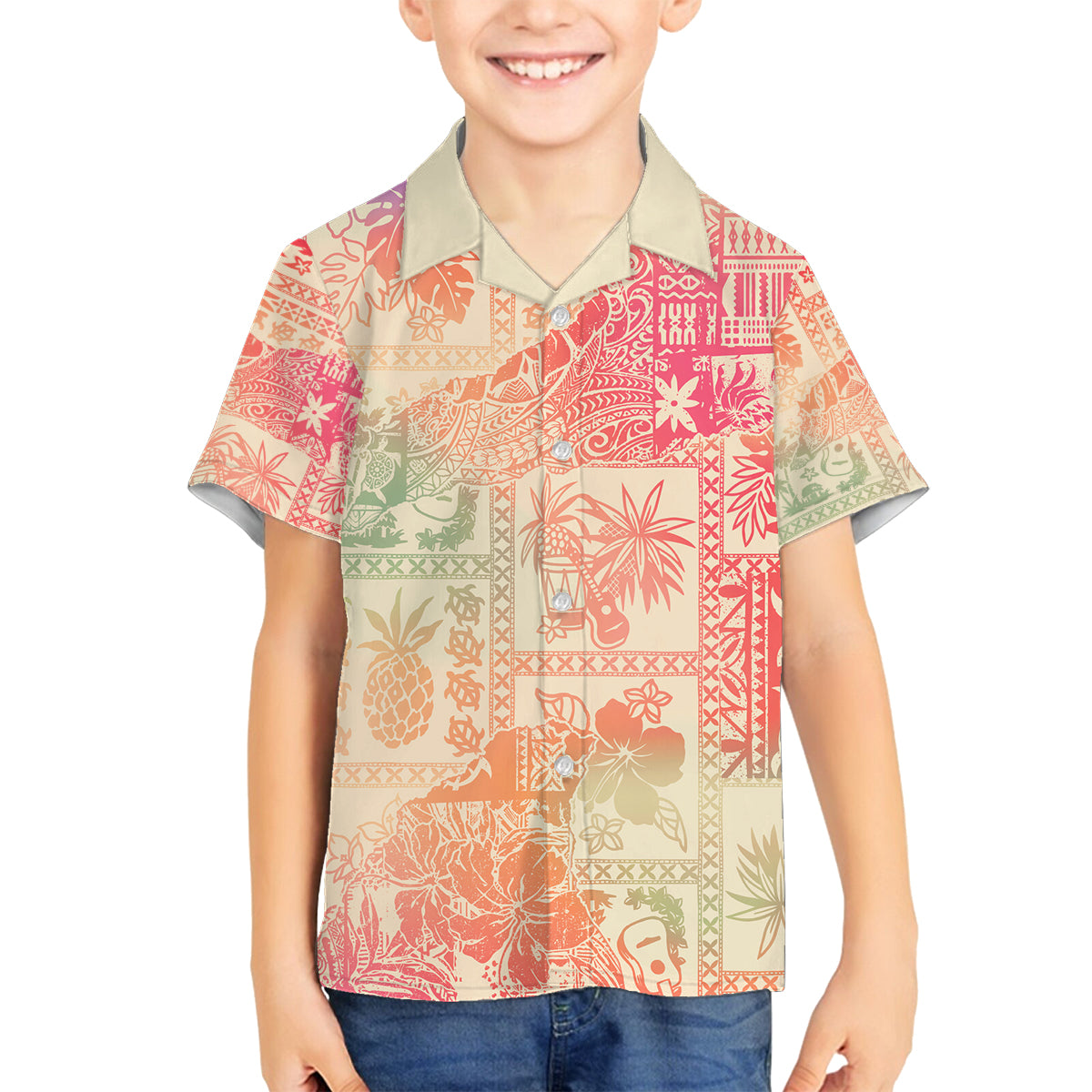 Hawaii Family Matching Tank Maxi Dress and Hawaiian Shirt Aloha Tribal Pattern Sweat Pink Ombre LT9 Son's Shirt Pink - Polynesian Pride