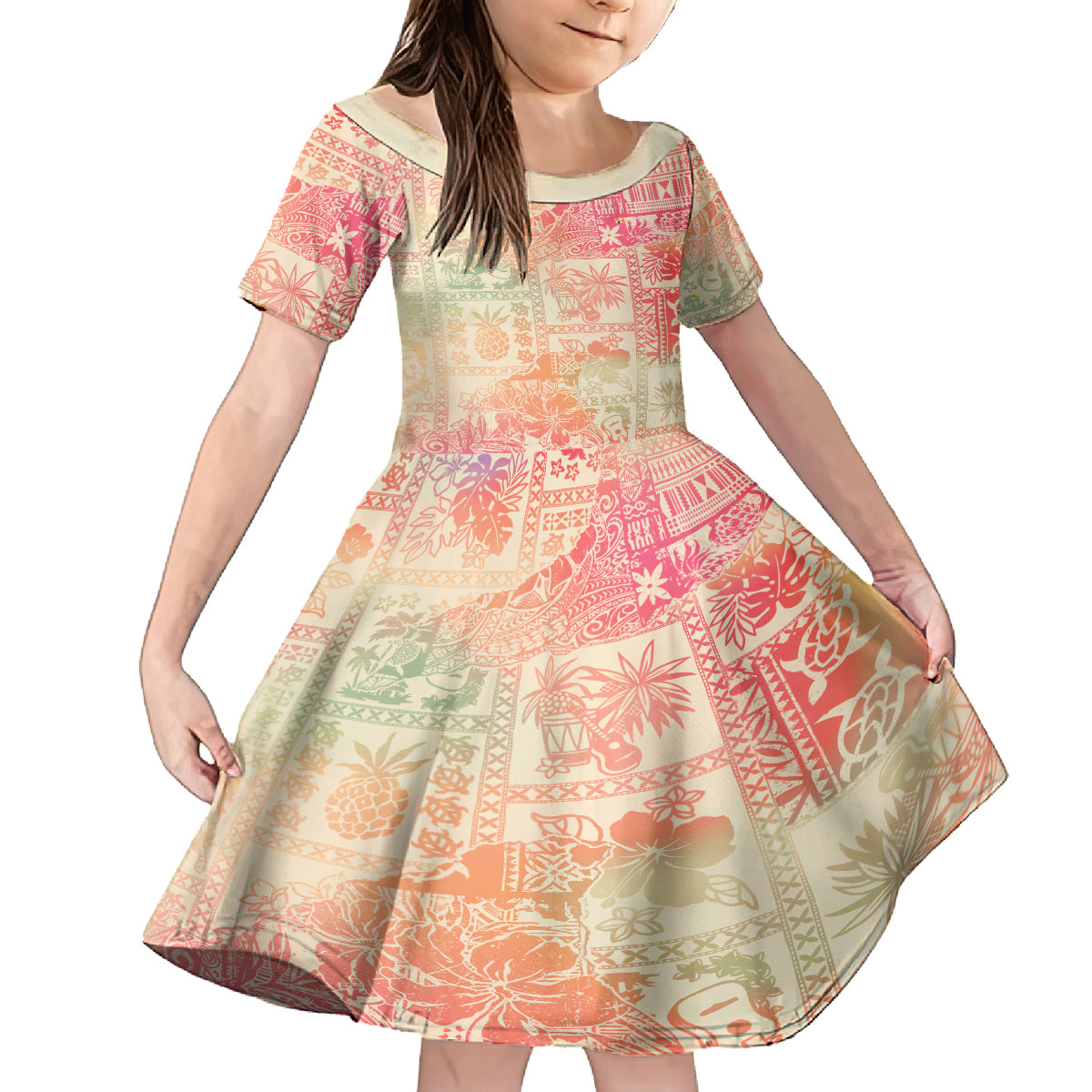 Hawaii Kid Short Sleeve Dress Aloha Tribal Pattern Sweat Pink Ombre LT9 KID Pink - Polynesian Pride