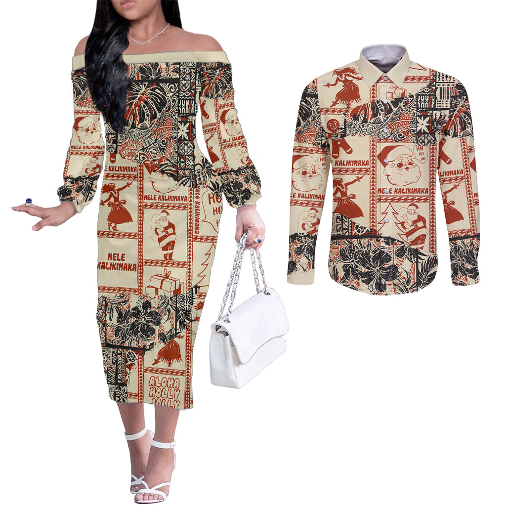 Aloha Hawaii Christmas Couples Matching Off The Shoulder Long Sleeve Dress and Long Sleeve Button Shirt Mele Kalikimaka Tapa Tribal Retro Style LT9 Beige - Polynesian Pride
