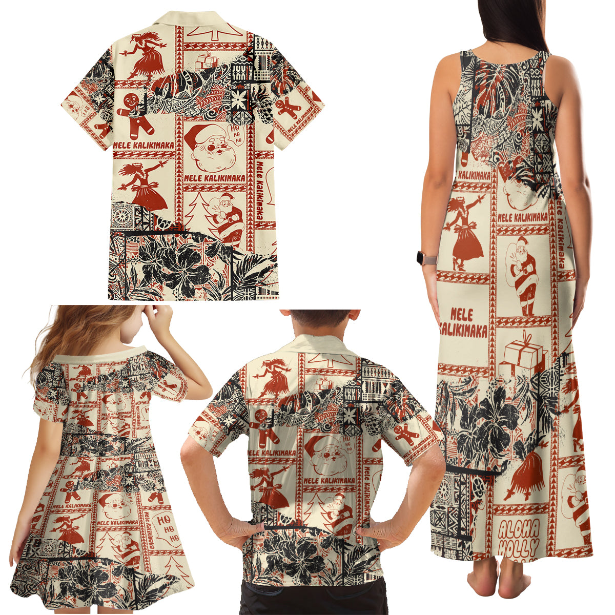 Aloha Hawaii Christmas Family Matching Tank Maxi Dress and Hawaiian Shirt Mele Kalikimaka Tapa Tribal Retro Style LT9 - Polynesian Pride