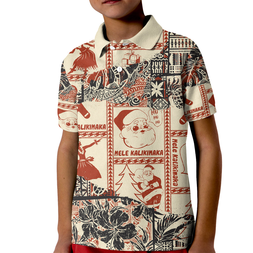 Aloha Hawaii Christmas Kid Polo Shirt Mele Kalikimaka Tapa Tribal Retro Style LT9 Kid Beige - Polynesian Pride