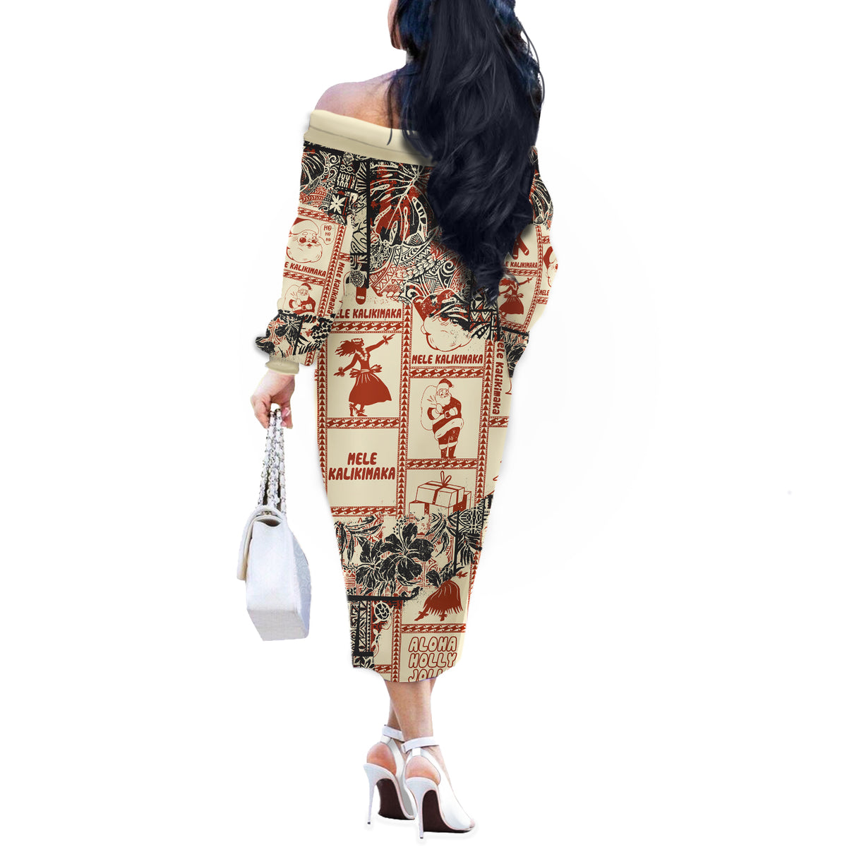 Aloha Hawaii Christmas Off The Shoulder Long Sleeve Dress Mele Kalikimaka Tapa Tribal Retro Style LT9 - Polynesian Pride