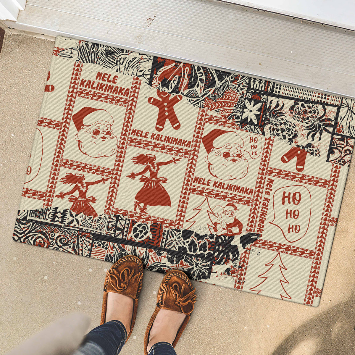 Aloha Hawaii Christmas Rubber Doormat Mele Kalikimaka Tapa Tribal Retro Style LT9 - Polynesian Pride