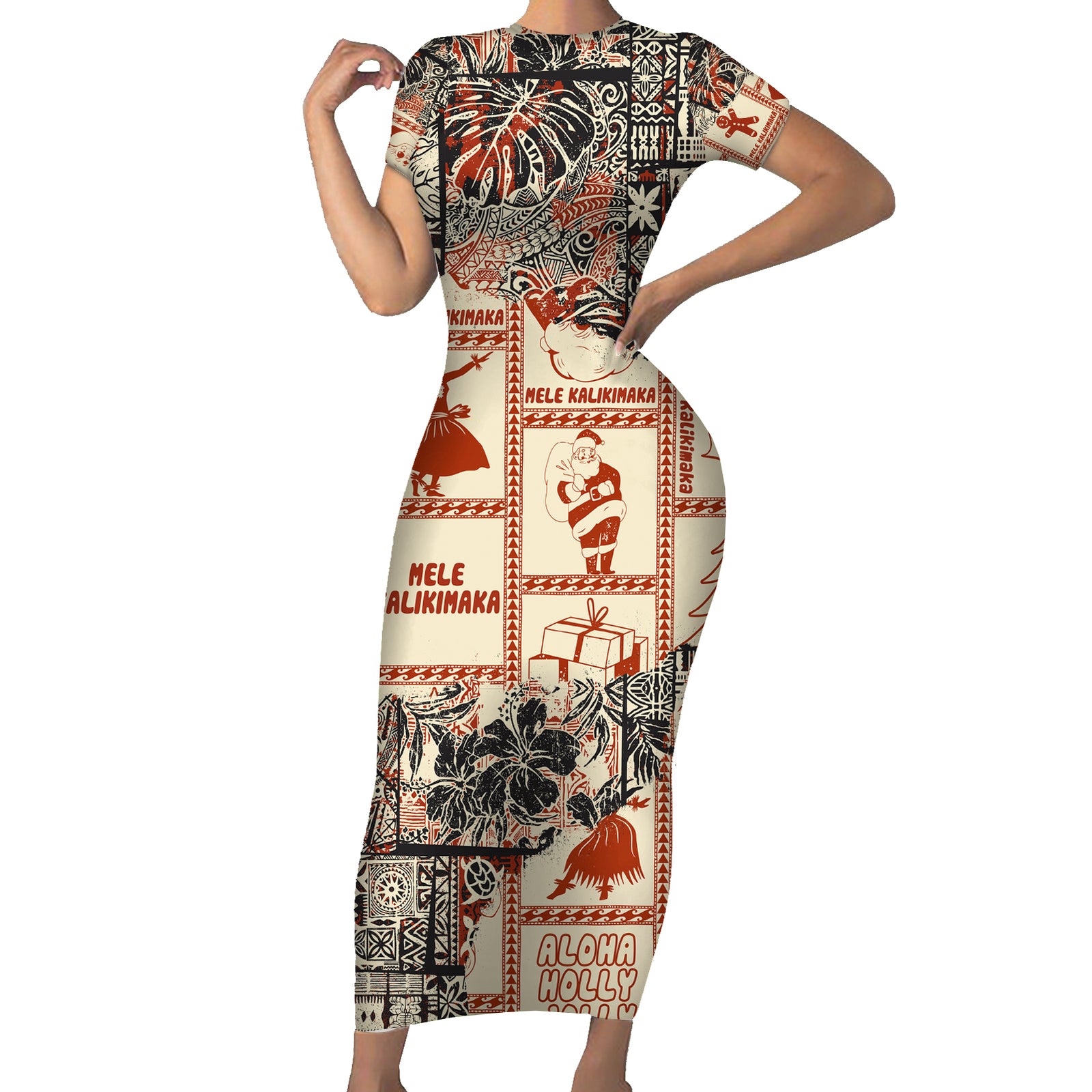 Aloha Hawaii Christmas Short Sleeve Bodycon Dress Mele Kalikimaka Tapa Tribal Retro Style LT9 Long Dress Beige - Polynesian Pride