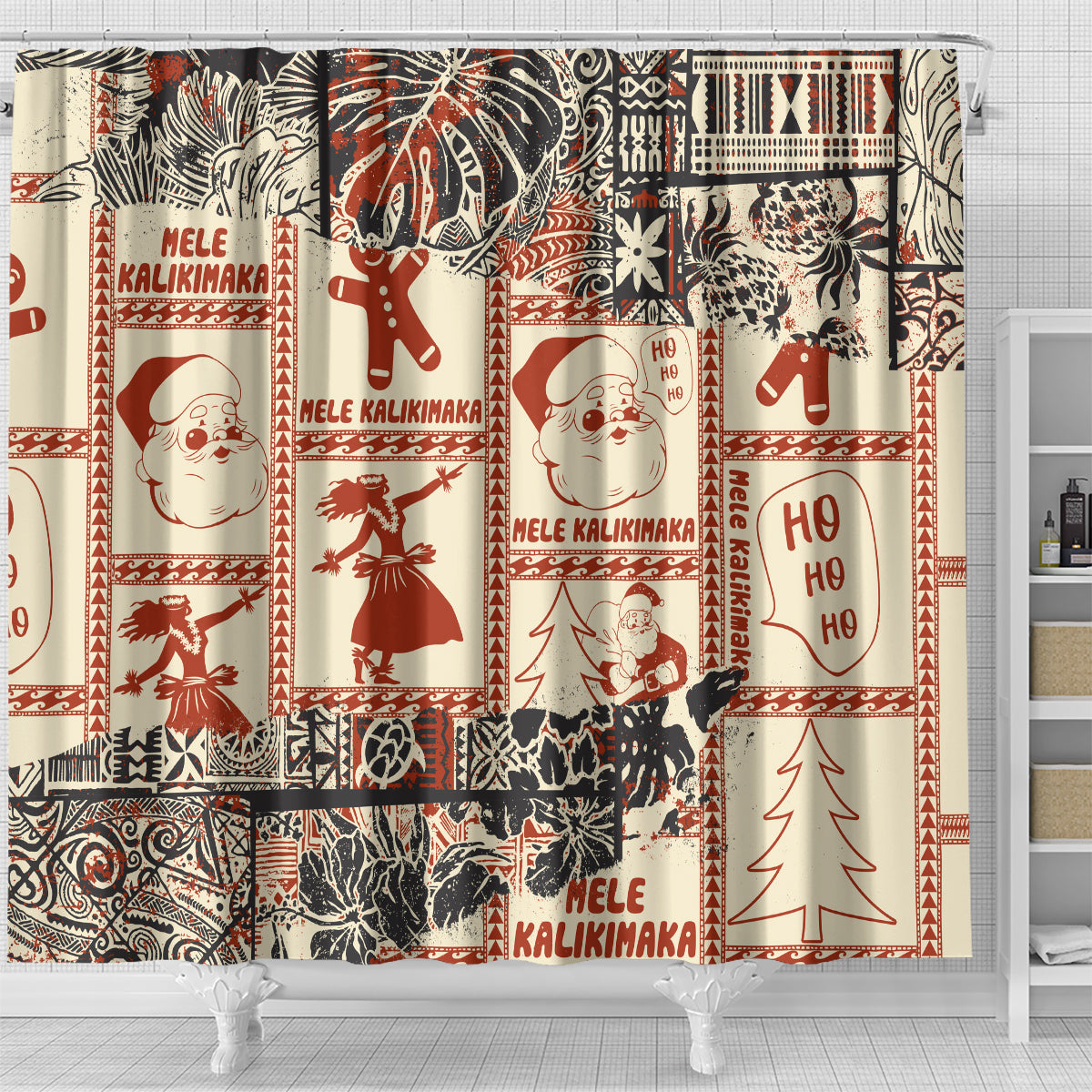 Aloha Hawaii Christmas Shower Curtain Mele Kalikimaka Tapa Tribal Retro Style LT9 - Polynesian Pride