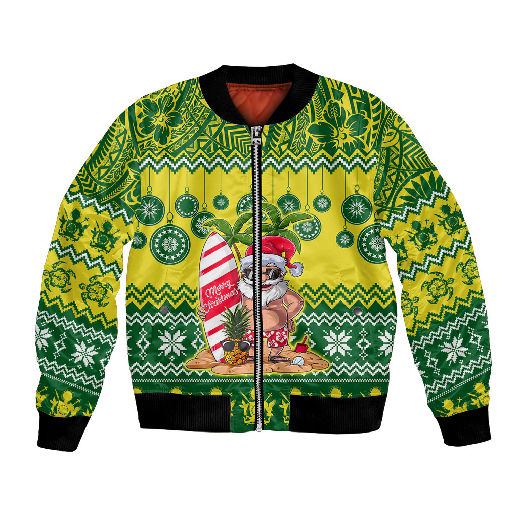 Cook Islands Christmas Bomber Jacket Santa Beach Meri Kiritimiti LT9 Unisex Green - Polynesian Pride