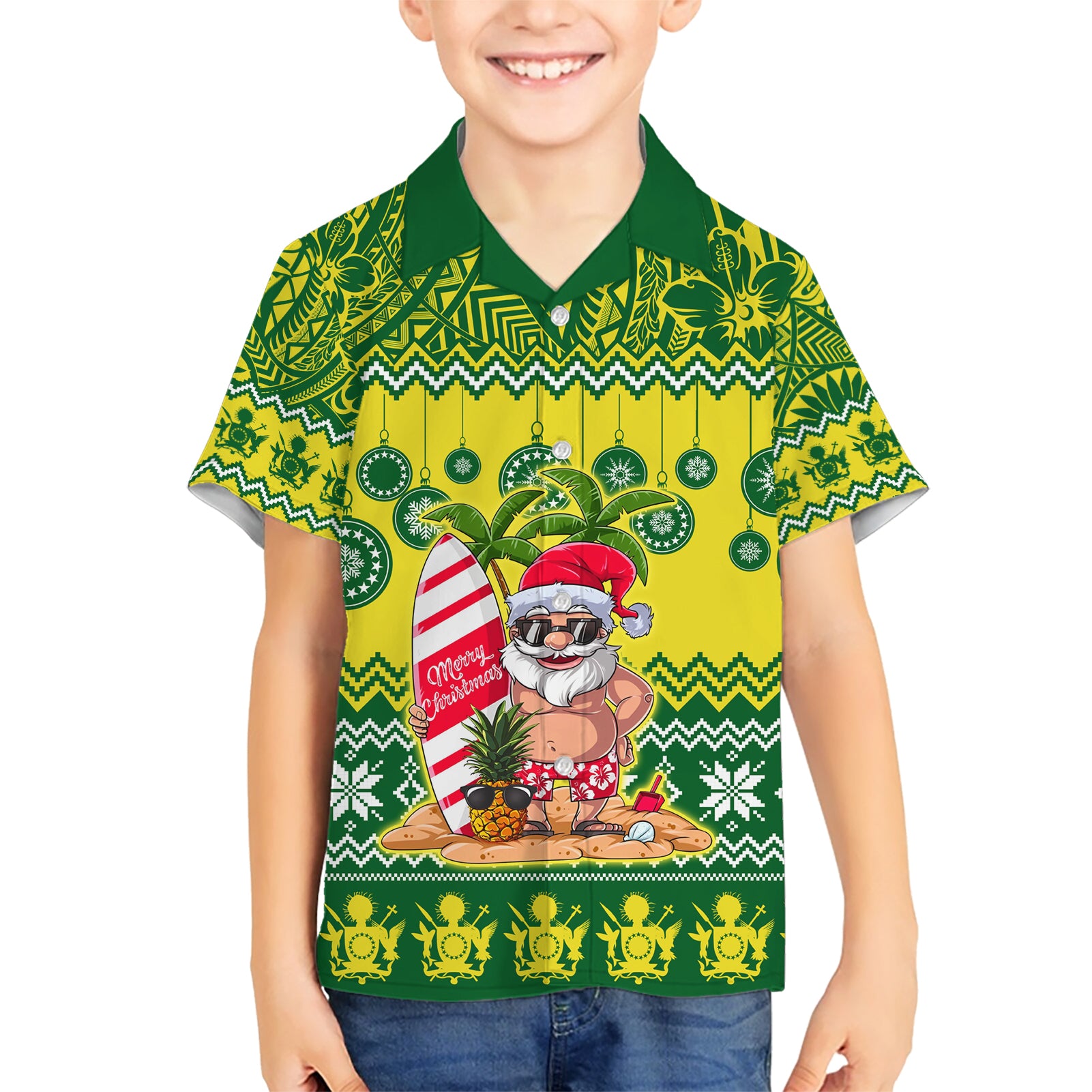 Cook Islands Christmas Kid Hawaiian Shirt Santa Beach Meri Kiritimiti LT9 Kid Green - Polynesian Pride