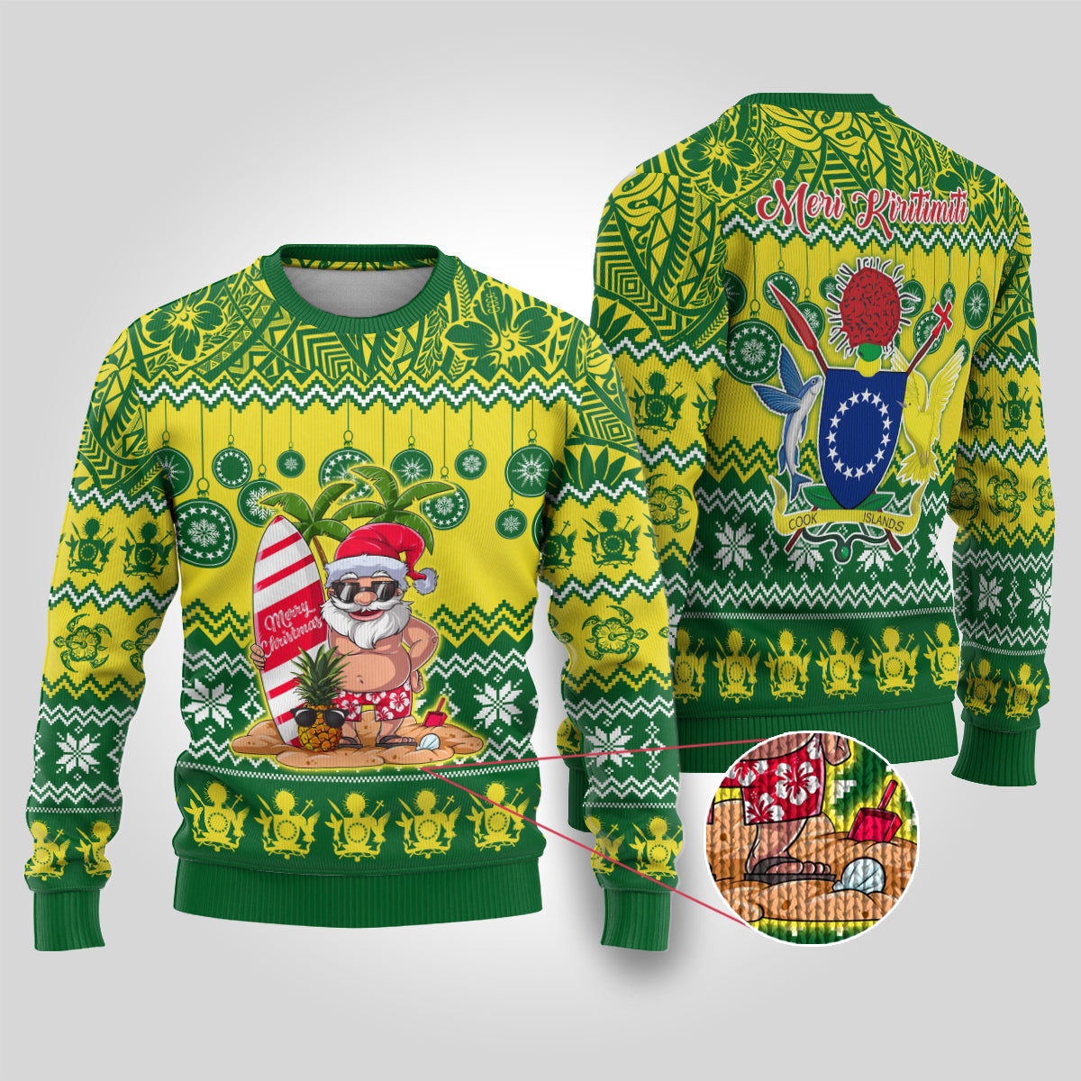 Cook Islands Christmas Ugly Christmas Sweater Santa Beach Meri Kiritimiti LT9 Green - Polynesian Pride