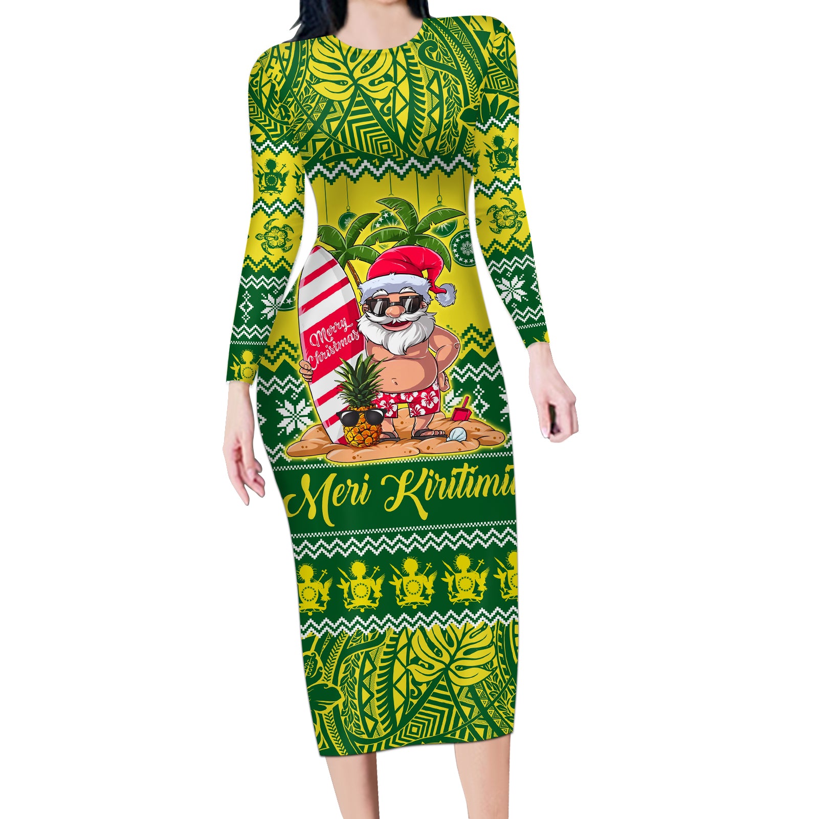 Cook Islands Christmas Long Sleeve Bodycon Dress Santa Beach Meri Kiritimiti LT9 Long Dress Green - Polynesian Pride