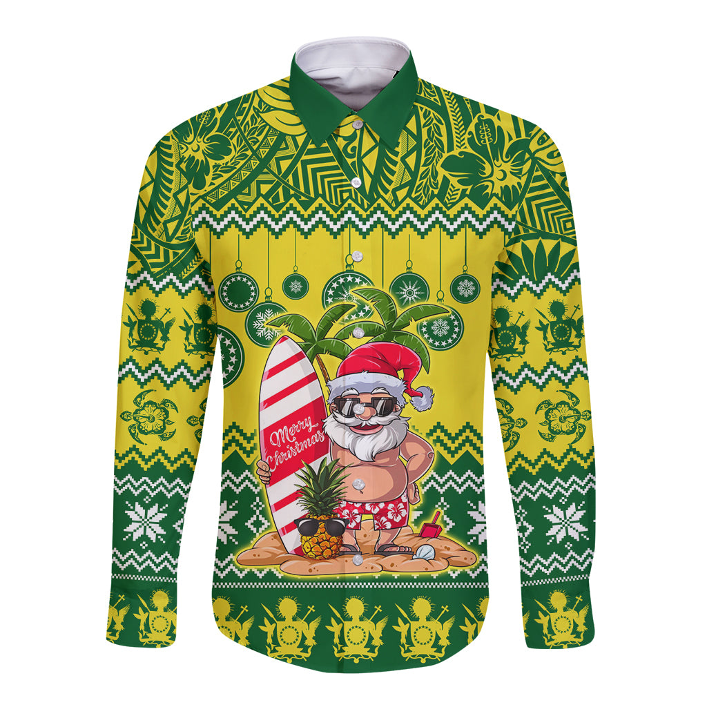 Cook Islands Christmas Long Sleeve Button Shirt Santa Beach Meri Kiritimiti LT9 Unisex Green - Polynesian Pride
