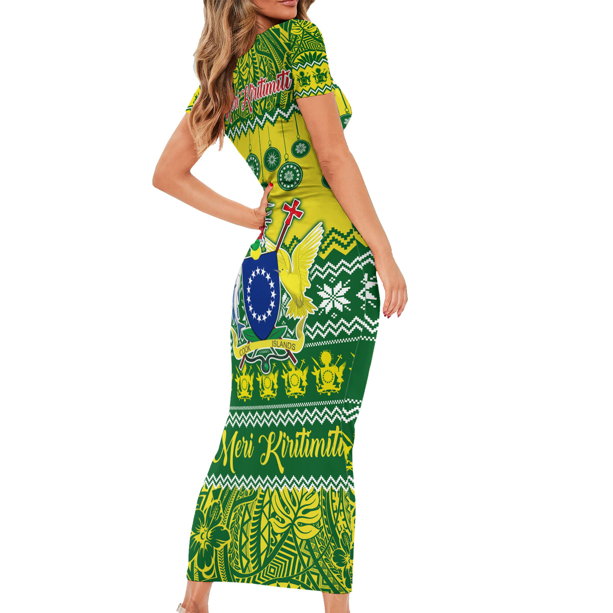 Cook Islands Christmas Short Sleeve Bodycon Dress Santa Beach Meri Kiritimiti LT9 - Polynesian Pride