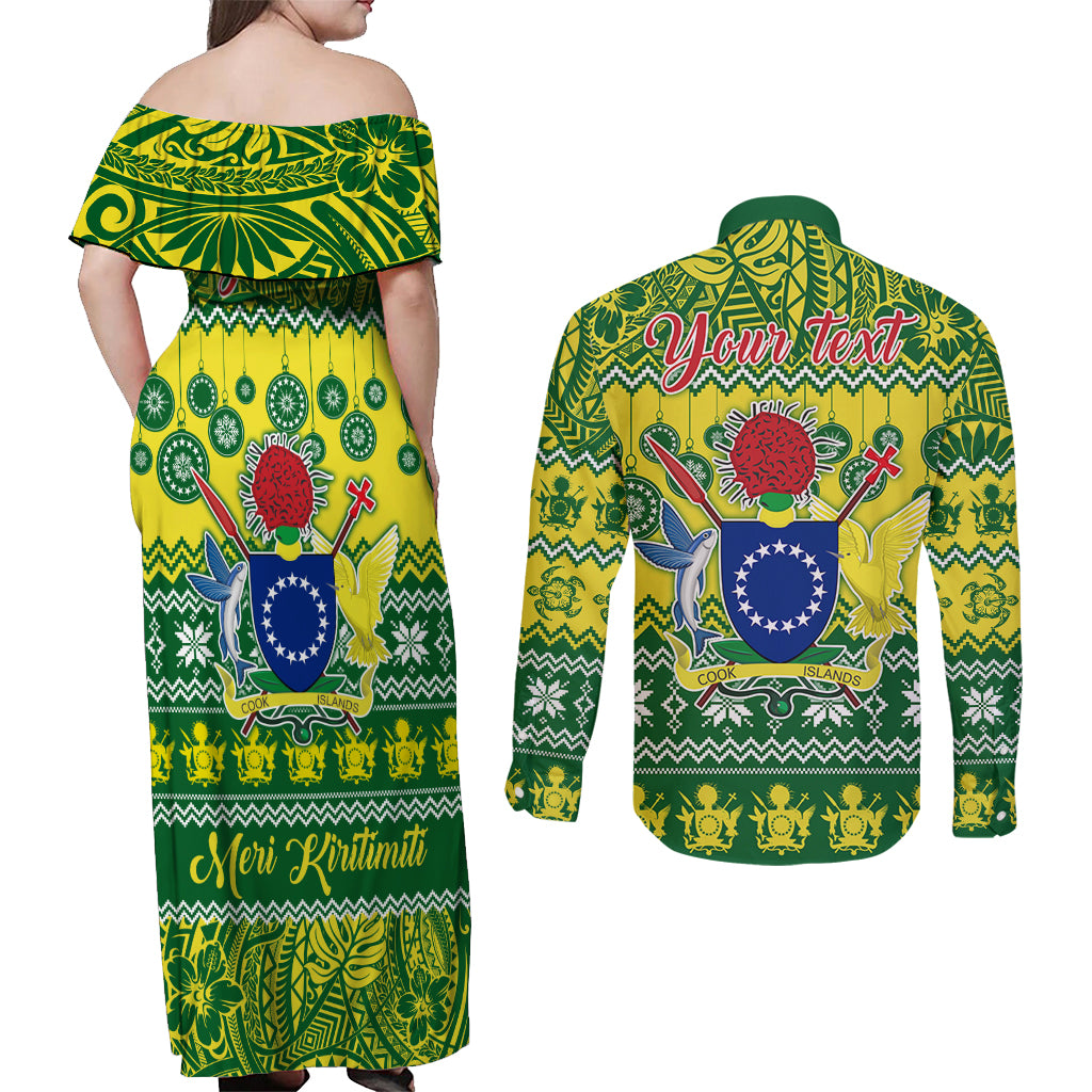 Personalised Cook Islands Christmas Couples Matching Off Shoulder Maxi Dress and Long Sleeve Button Shirt Santa Beach Meri Kiritimiti LT9 - Polynesian Pride