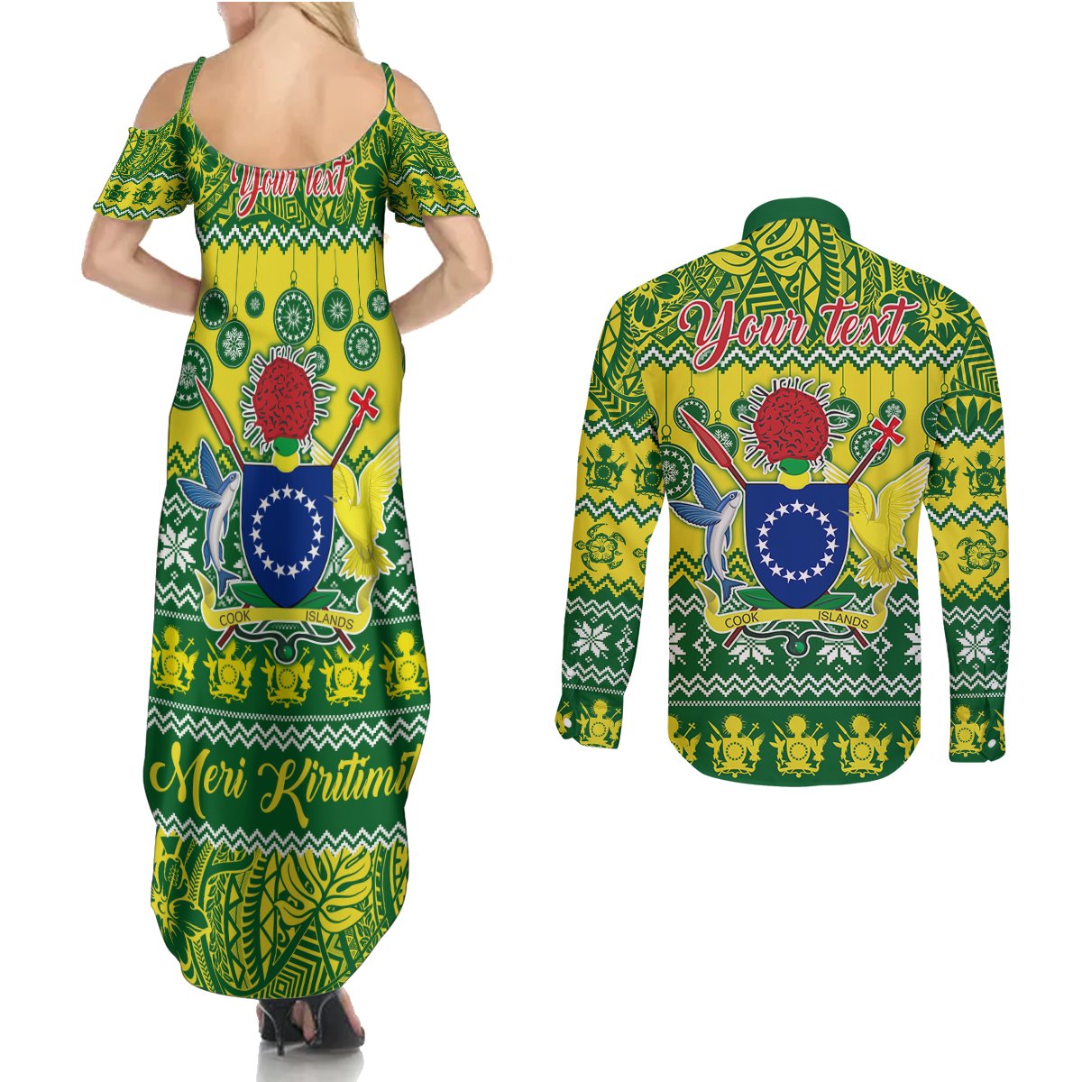 Personalised Cook Islands Christmas Couples Matching Summer Maxi Dress and Long Sleeve Button Shirt Santa Beach Meri Kiritimiti LT9 - Polynesian Pride