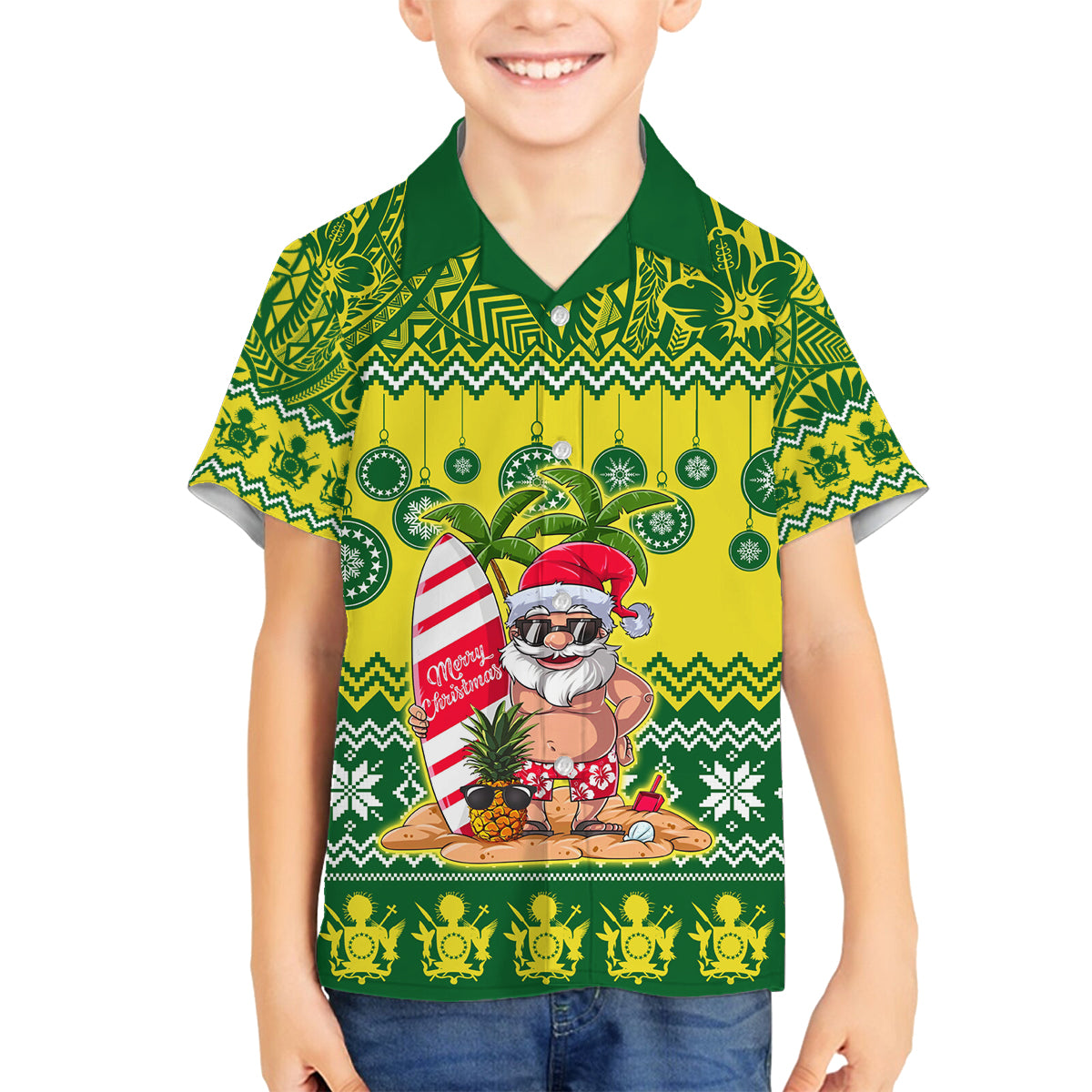 Personalised Cook Islands Christmas Family Matching Long Sleeve Bodycon Dress and Hawaiian Shirt Santa Beach Meri Kiritimiti LT9 Son's Shirt Green - Polynesian Pride