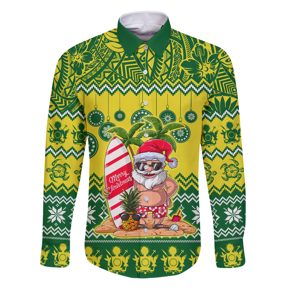 Personalised Cook Islands Christmas Family Matching Off Shoulder Long Sleeve Dress and Hawaiian Shirt Santa Beach Meri Kiritimiti LT9 Dad's Shirt - Long Sleeve Green - Polynesian Pride