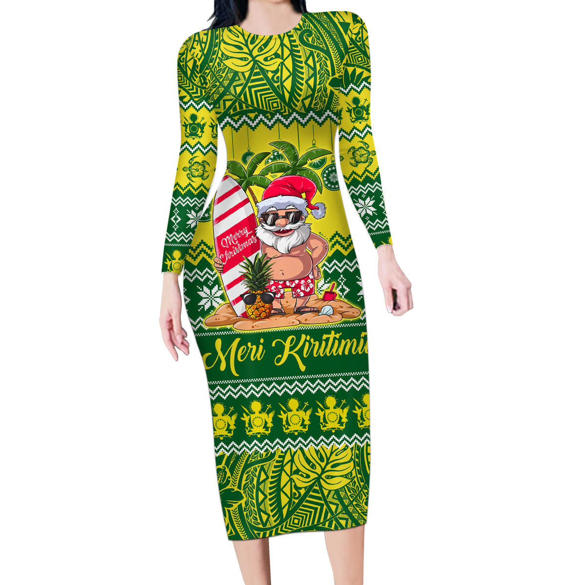 Personalised Cook Islands Christmas Long Sleeve Bodycon Dress Santa Beach Meri Kiritimiti LT9 Long Dress Green - Polynesian Pride