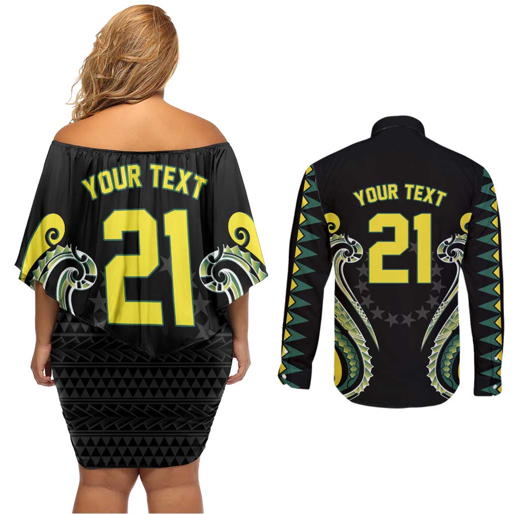 Custom Rugby Cook Islands Avaiki Couples Matching Off Shoulder Short Dress and Long Sleeve Button Shirt Black Kuki Airani Tribal Maori Inspired - Polynesian Pride