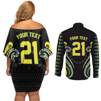 Custom Rugby Cook Islands Avaiki Couples Matching Off Shoulder Short Dress and Long Sleeve Button Shirt Black Kuki Airani Tribal Maori Inspired - Polynesian Pride