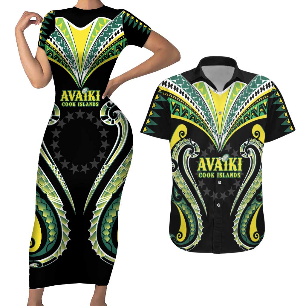 Custom Rugby Cook Islands Avaiki Couples Matching Short Sleeve Bodycon Dress and Hawaiian Shirt Black Kuki Airani Tribal Maori Inspired - Polynesian Pride